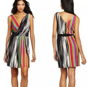 Maggy London Black & Rainbow striped draped front v-neck knit stretch dress 10